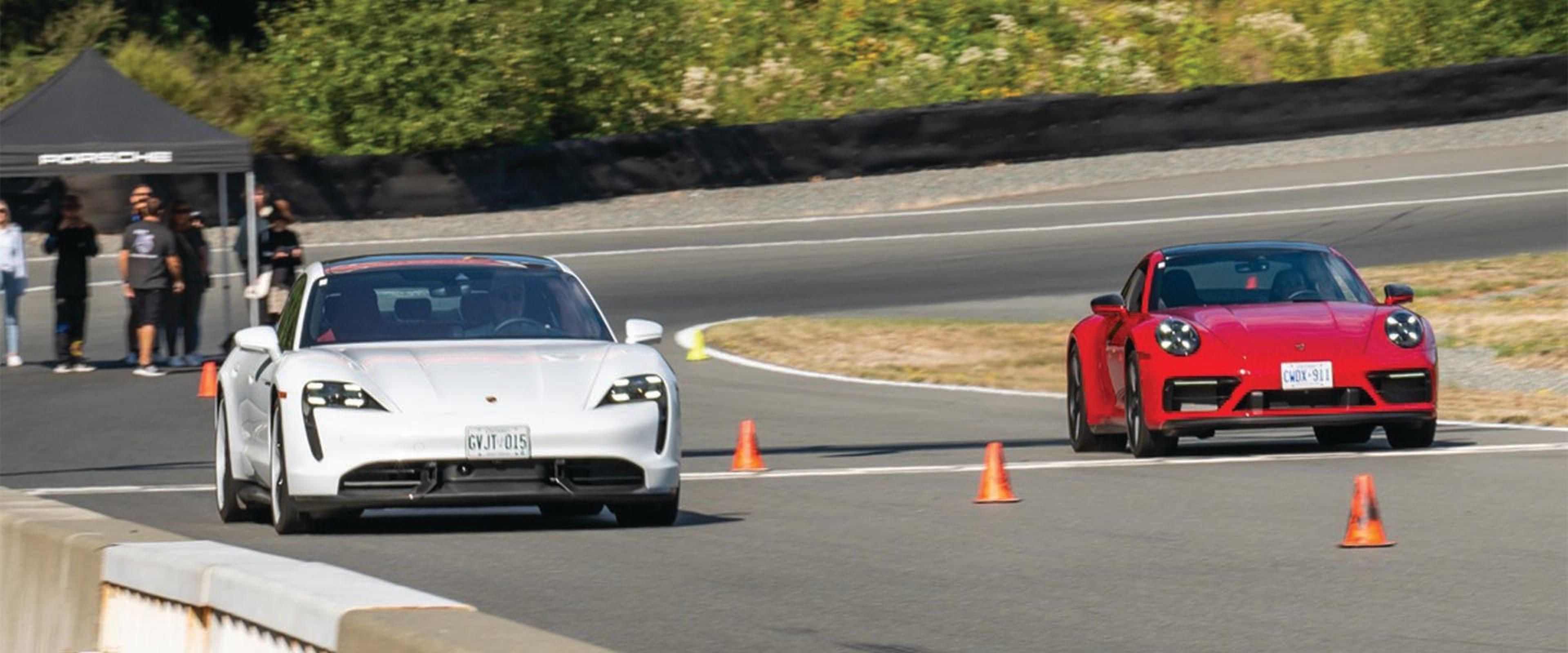 white and red Porche on track