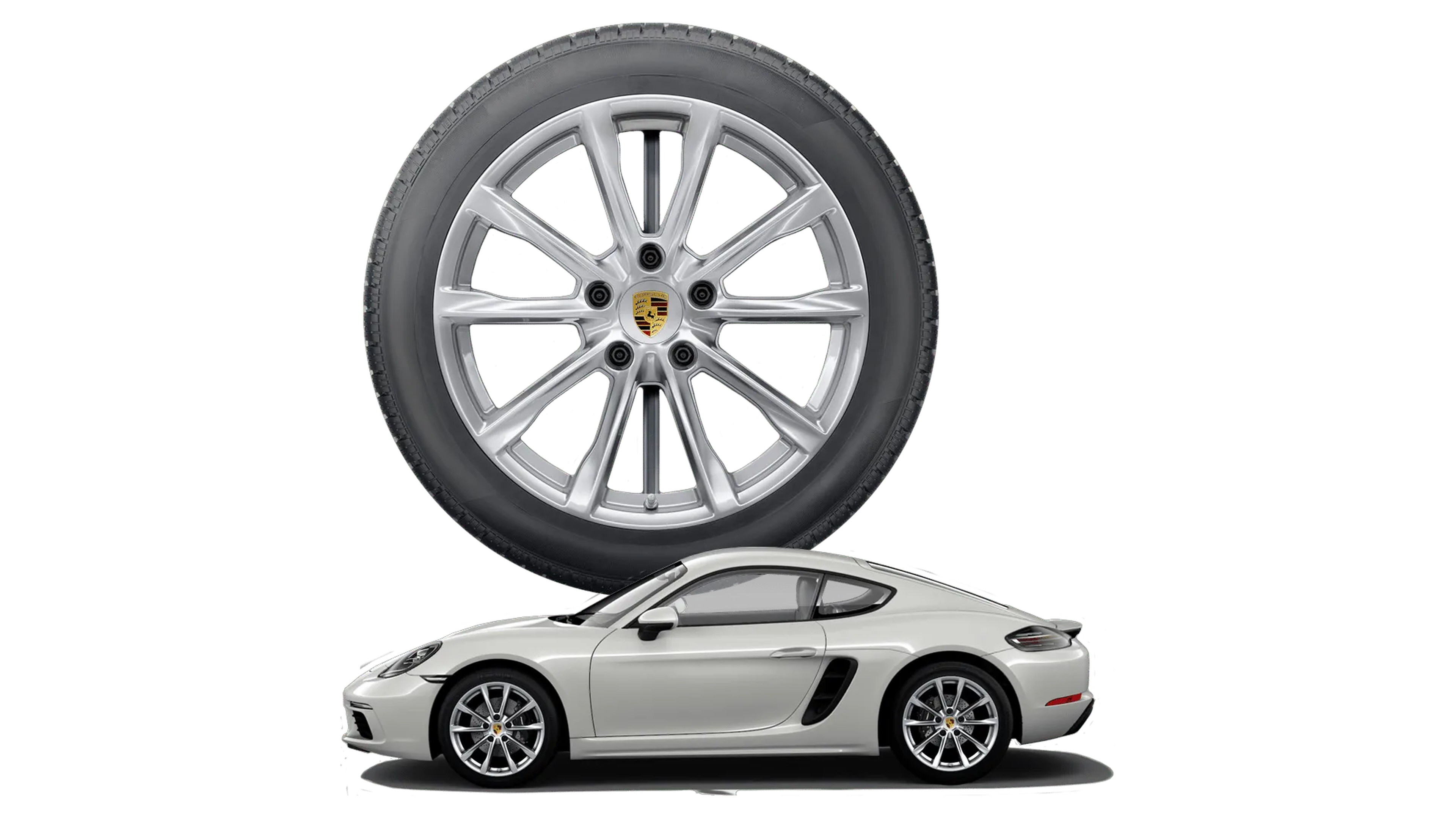 A silver sports car with a large, detailed tire and wheel displayed above, featuring a five-spoke design.
