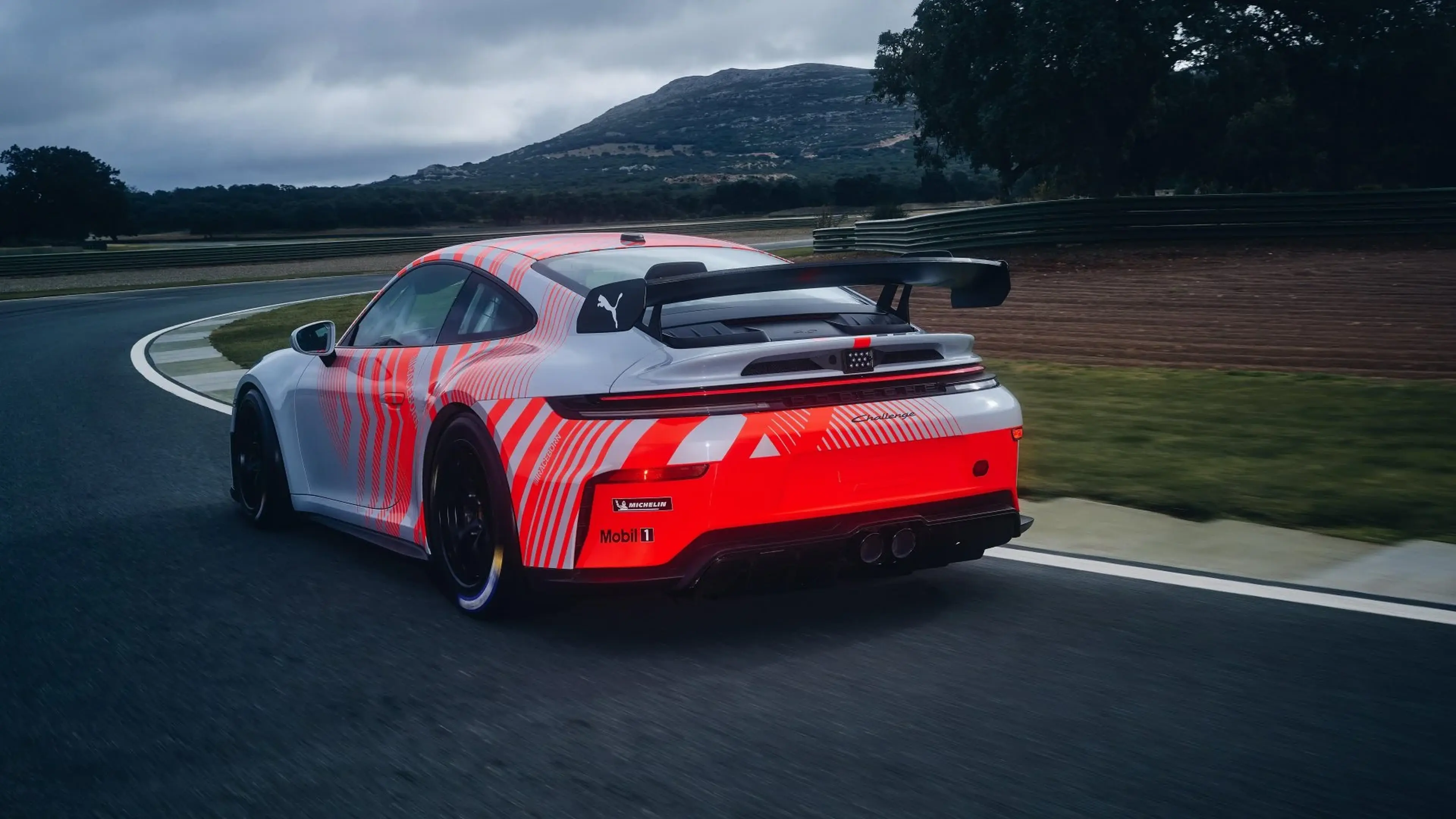 Porsche 911 GT3 Cup race car with rear wing on track