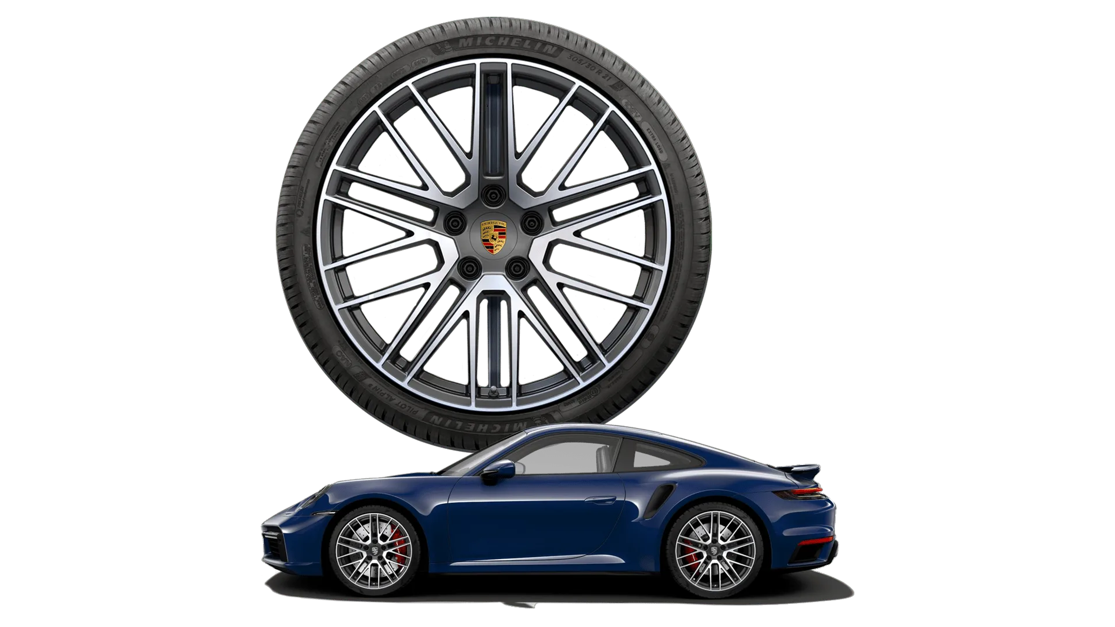 A blue sports car parked in front of a large alloy wheel with a performance tire, featuring a sleek design and glossy finish.