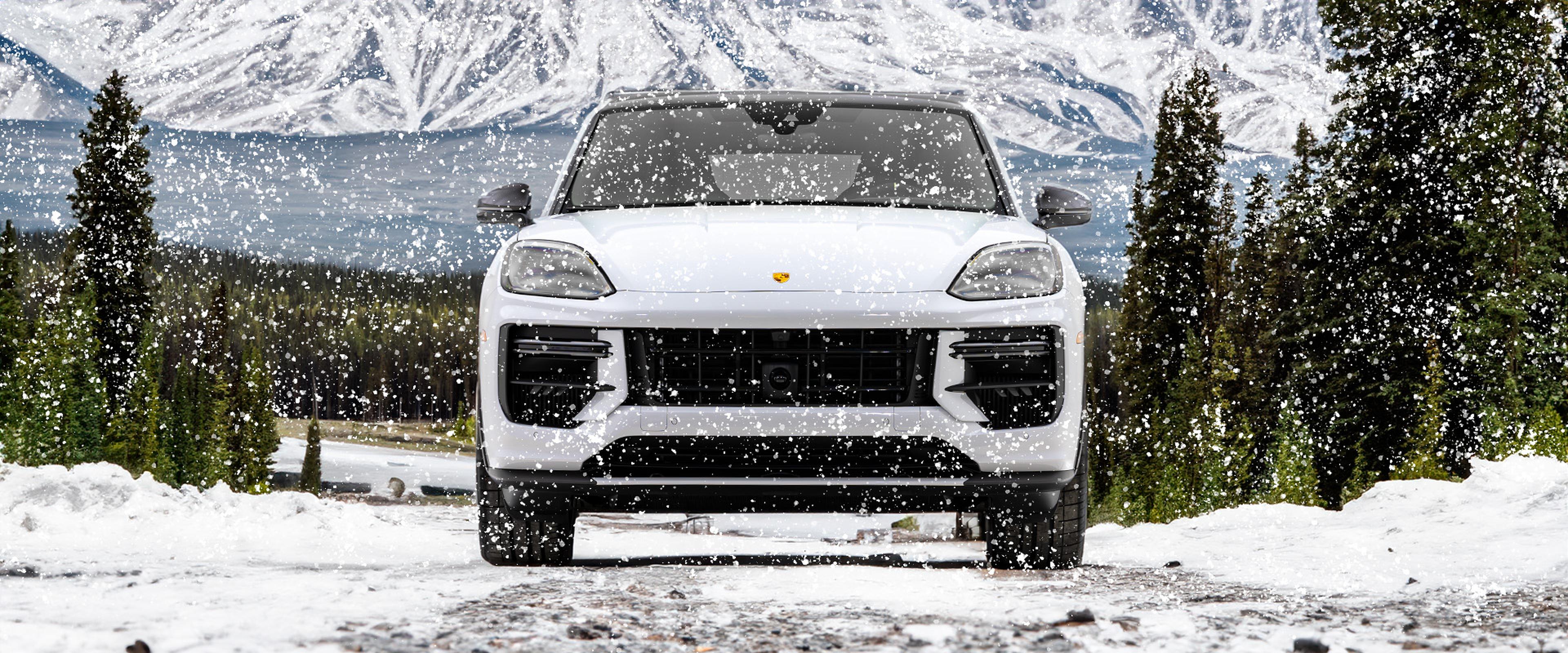 Cayenne parked in snowy mountain landscape, surrounded by trees, with snowflakes falling around.