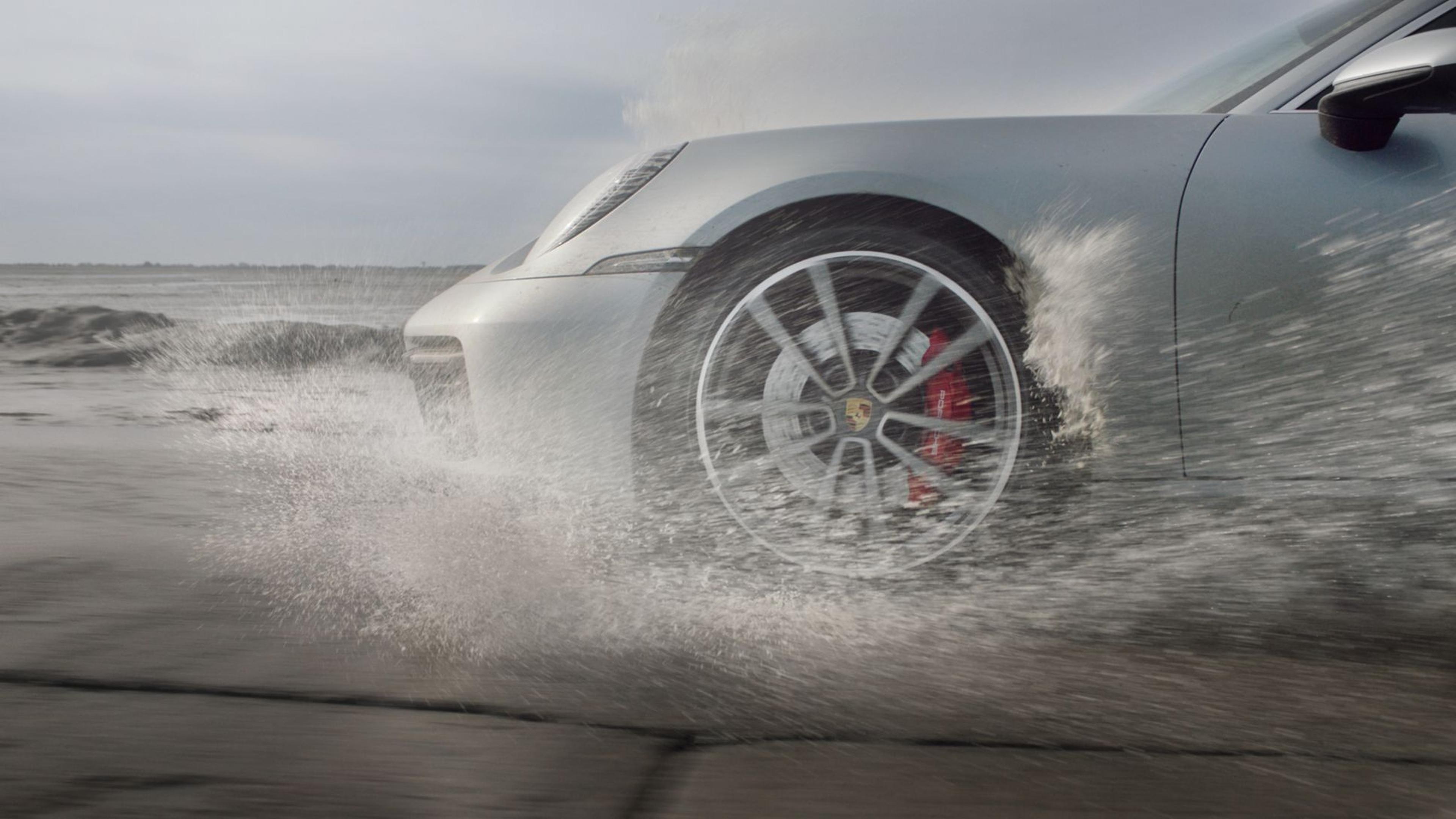 Porsche front end driving in wet conditions