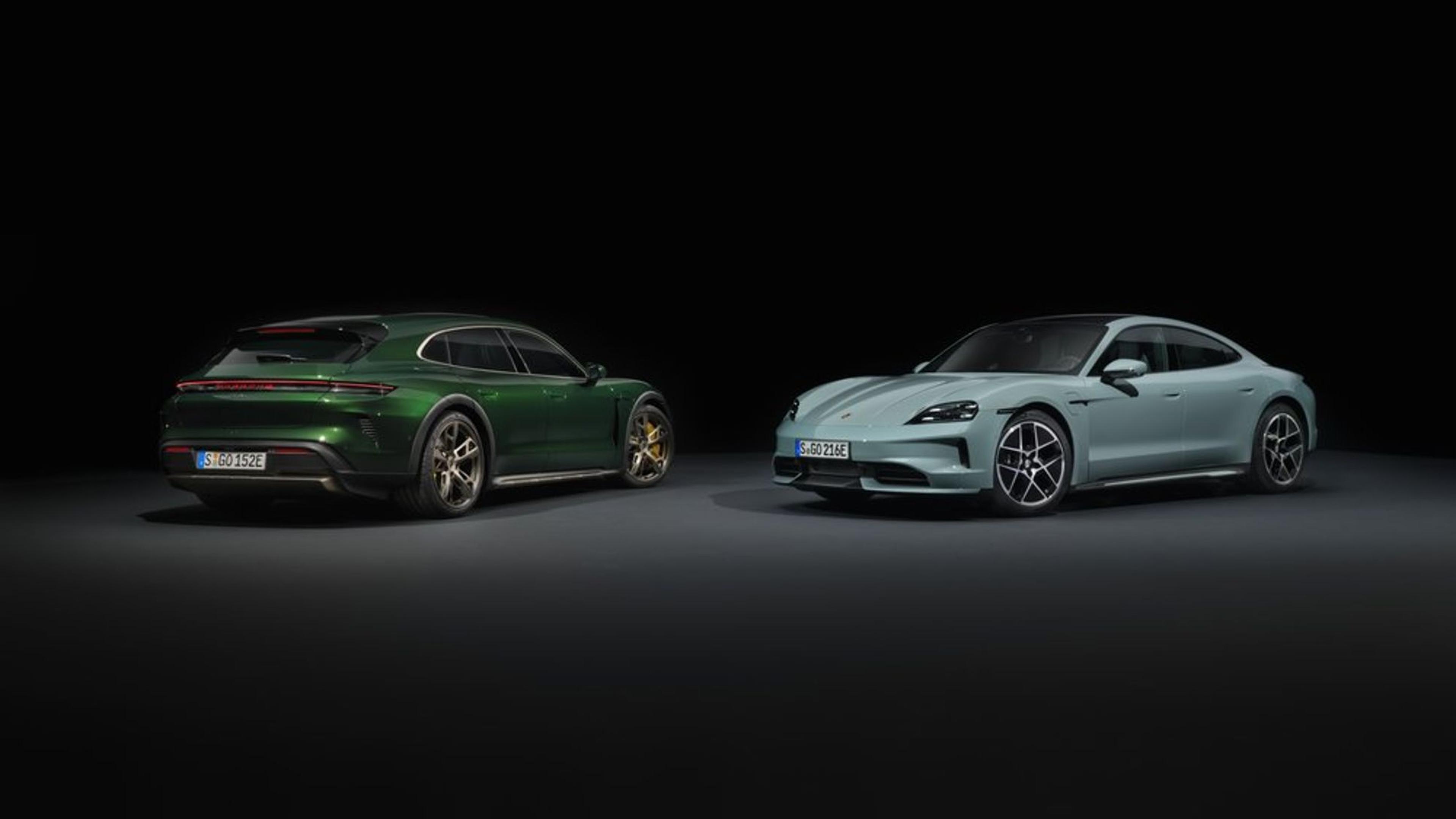 2025 Porsche Taycan Turbo S in Oak Green Metallic Neo parked next to a 2025 Porsche Taycan 4S in Shade Green Metallic.