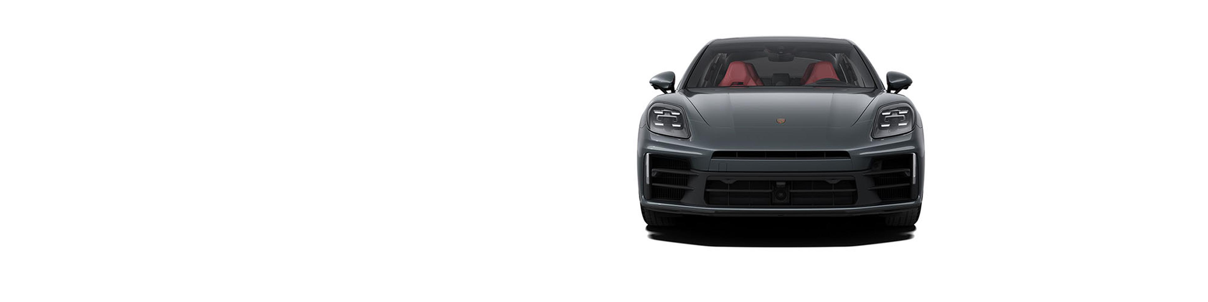 Front view of a sleek, grey sports car with red interior, prominent headlights, and a centered logo on a white background.