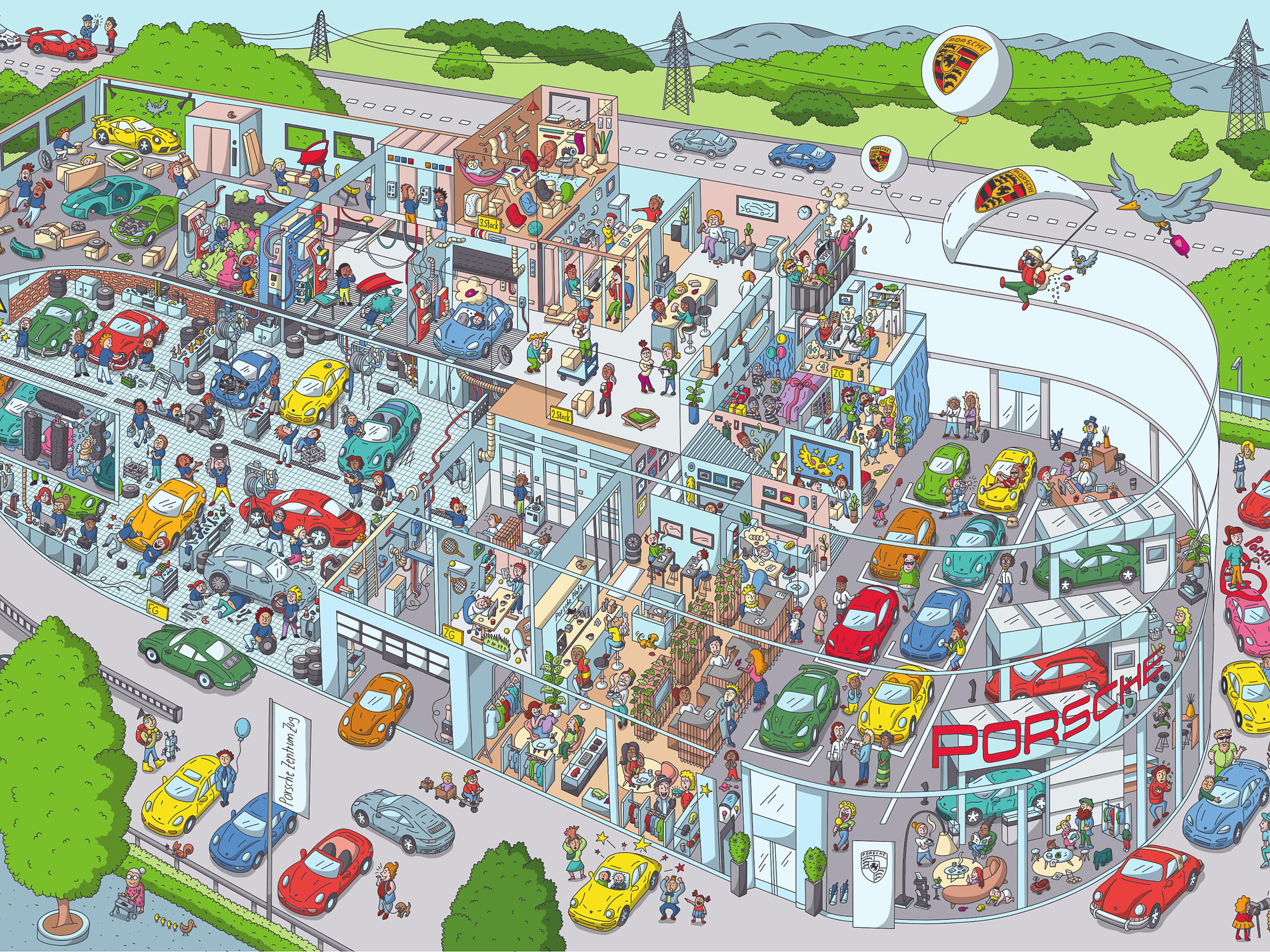 Wimmelbild des Porsche Zentrum Zug