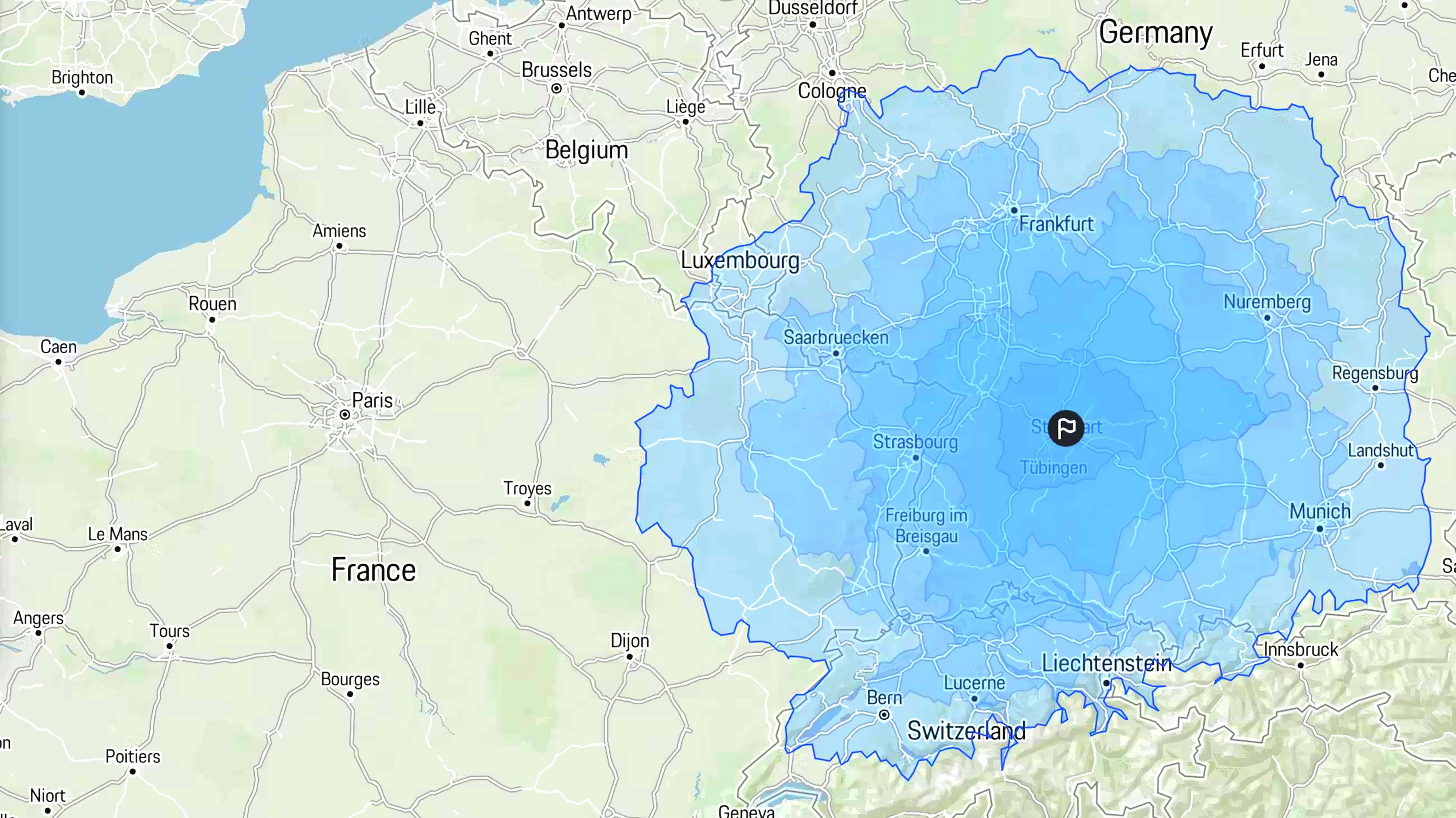 Karte, die Teile von Frankreich, Deutschland, Belgien und der Schweiz zeigt, mit einem blau markierten Bereich rund um Stuttgart in Deutschland.