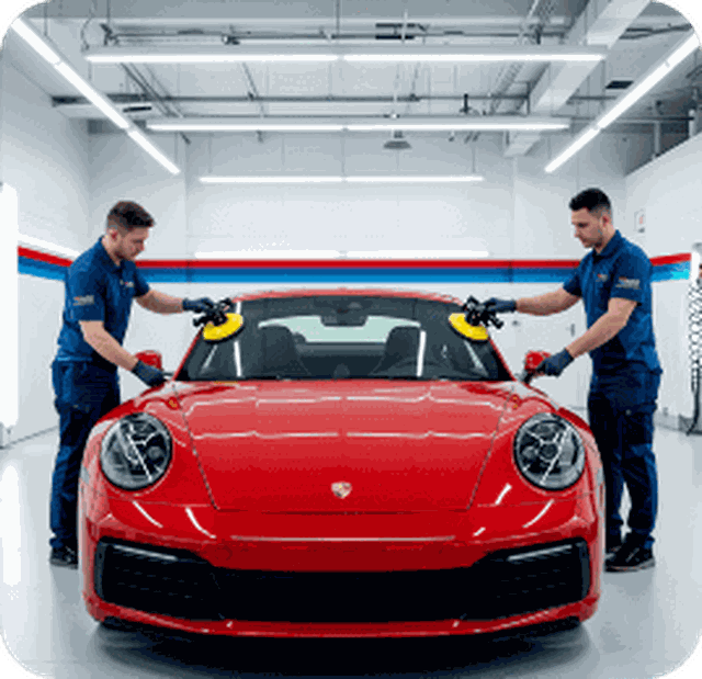 Two technicians in blue uniforms polish a red sports car in a well-lit garage, using suction pads on the windshield.