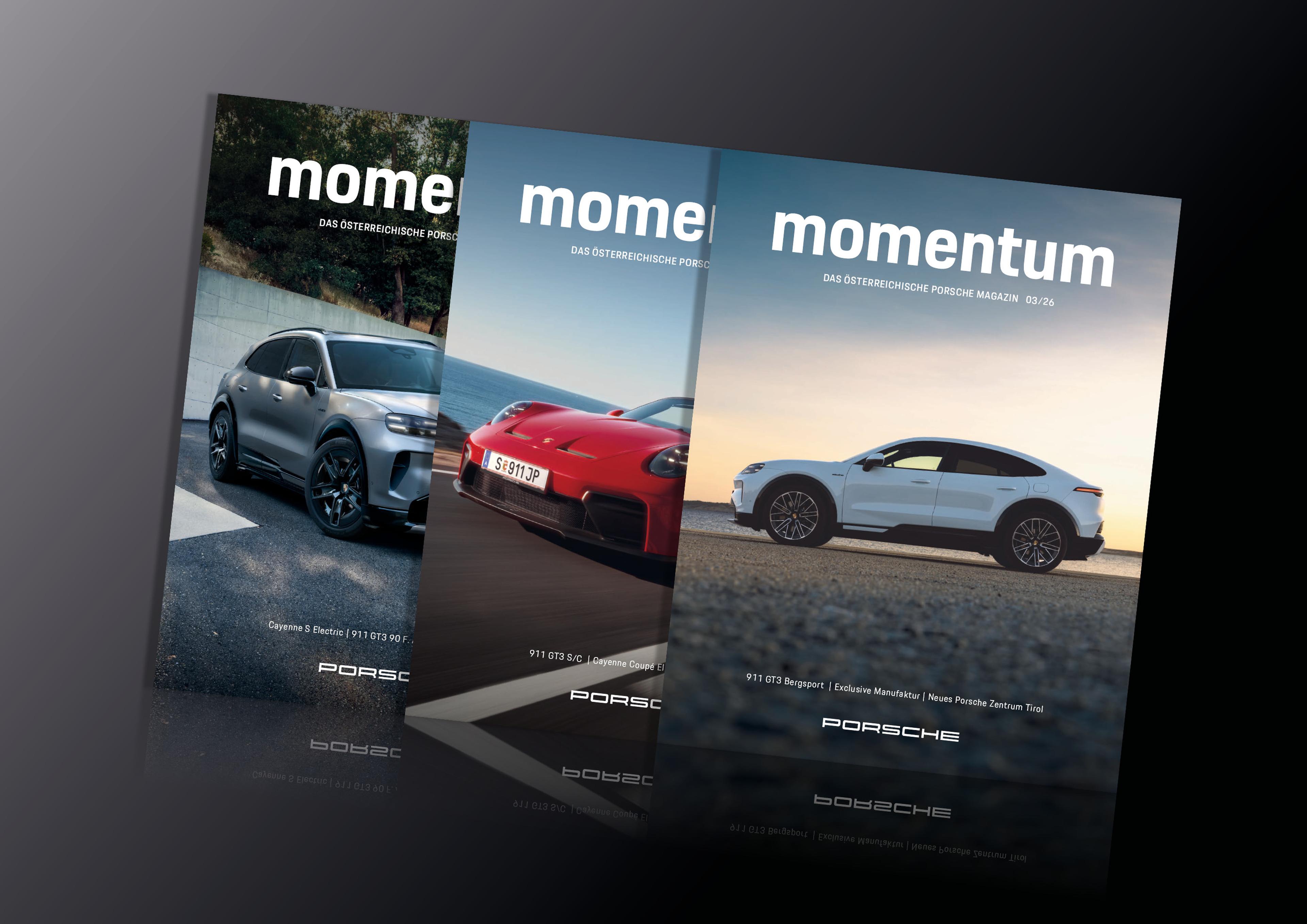 Drei „Momentum“-Porsche-Magazincover, die verschiedene Porsche-Modelle in Außenaufnahmen zeigen.