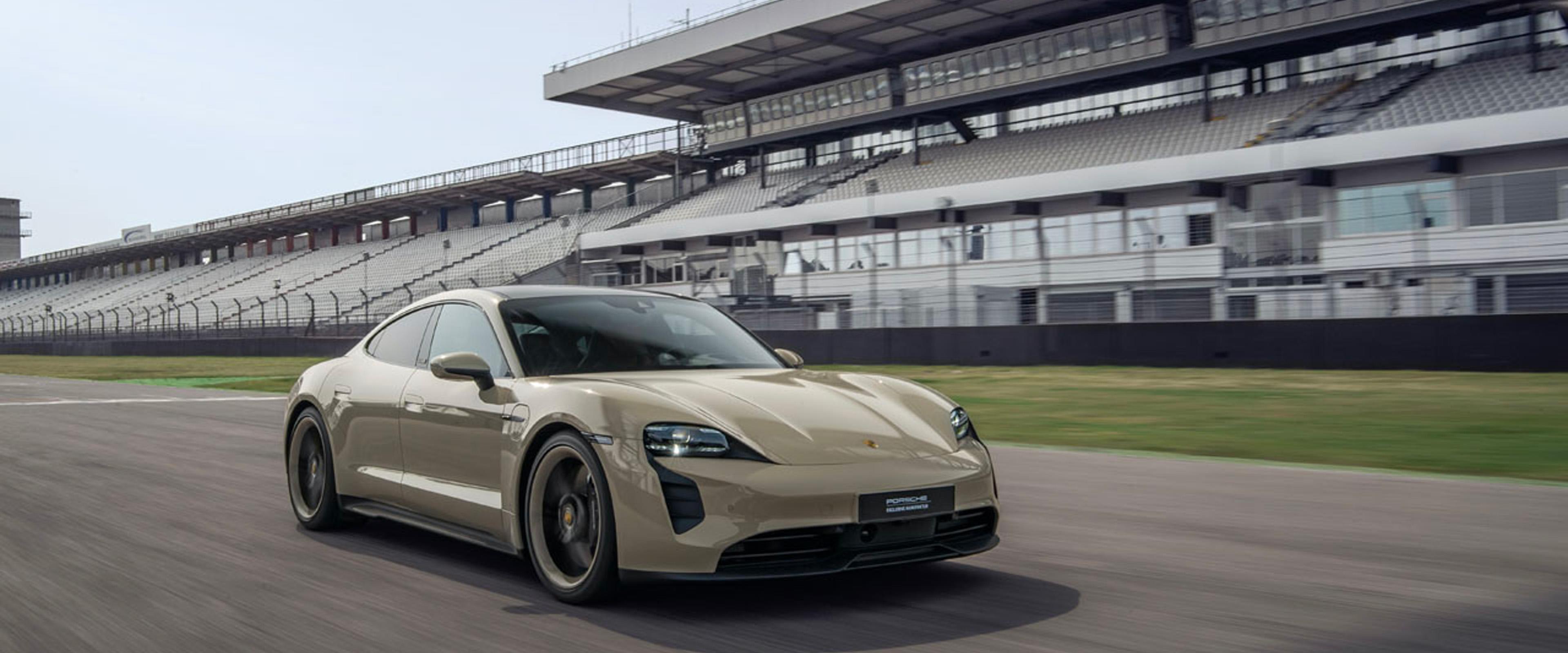 The gorgeous taupe-beige exterior paint on the new Taycan GTS Hockenheimring Edition is named Stone Grey and available from Porsche’s Heritage paint collection.