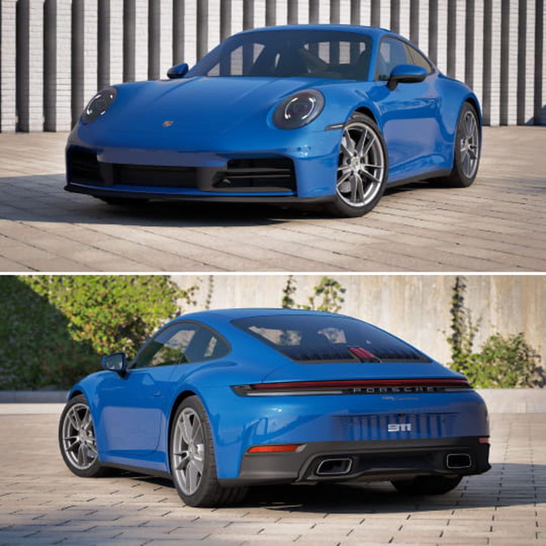 Blue Porsche 911 shown from front and rear three-quarter angles.