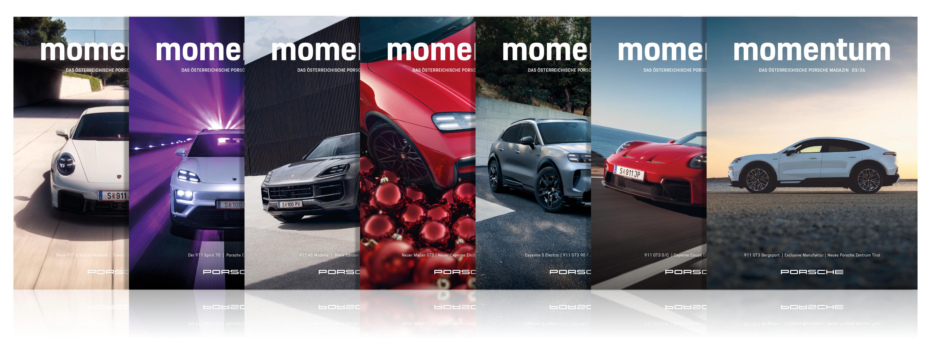 Eine Reihe von sechs Magazin-Titelseiten mit dem Titel „momentum“, die jeweils verschiedene Porsche-Modelle in unterschiedlichen Umgebungen zeigen – von malerischen Landschaften bis hin zu urbanen Kulissen.