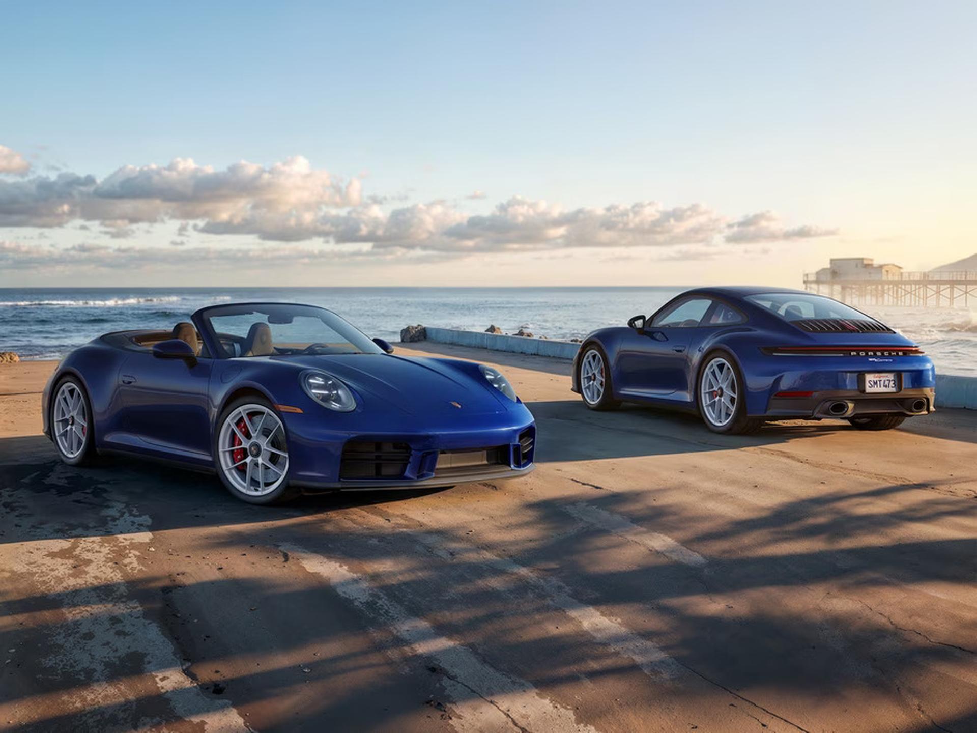 2027 911 carrera cabriolet with mt package parked at the end of a road overlooking the ocean