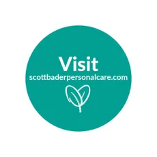 "Teal circular button with 'Visit scottbaderpersonalcare.com' text and leaf icon for Scott Bader personal care products" [G]