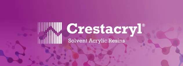 "Crestacryl® solvent acrylic resins logo by Scott Bader against purple background with molecular graphics" [G]