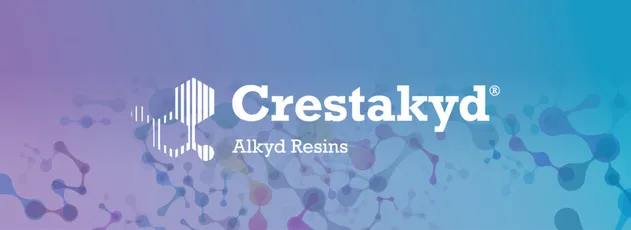 "Crestakyd Alkyd Resins logo on gradient blue-purple background with molecular pattern. Scott Bader resins product branding." [G]