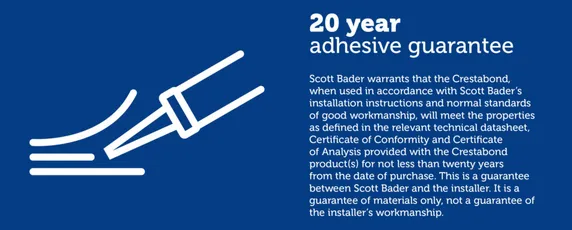 "Scott Bader 20-year adhesive guarantee for Crestabond structural adhesives, highlighting long-term performance and durability" [G]