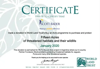 "Certificate showing Scott Bader's donation to World Land Trust for conservation of threatened habitats and wildlife" [G]
