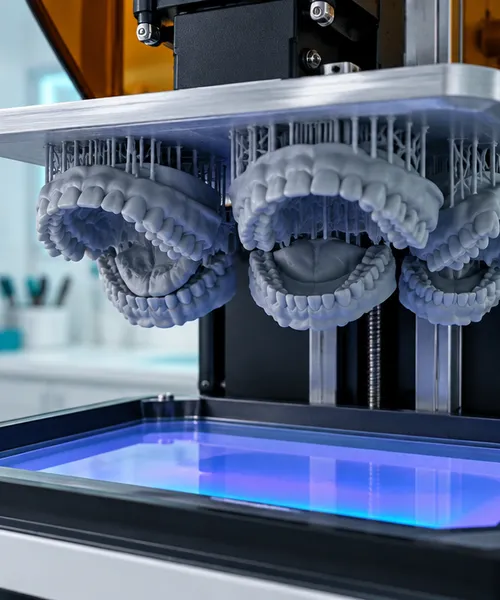 A 3D printer in a dental lab producing multiple dental arch models, with a glowing blue base, surrounded by a clean, modern environment.