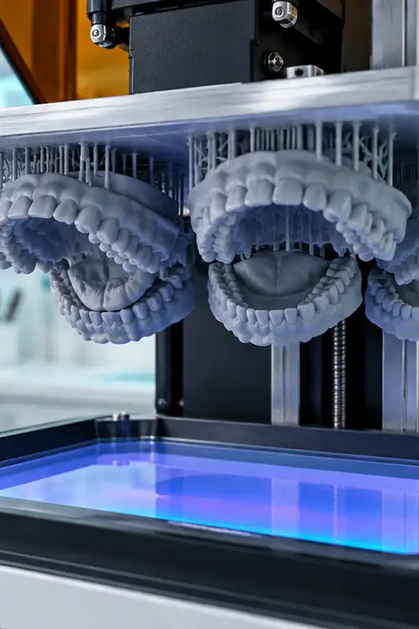 A 3D printer in a dental lab producing multiple dental arch models, with a glowing blue base, surrounded by a clean, modern environment.