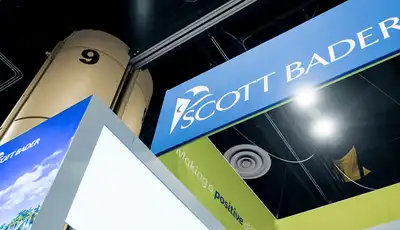 Scott Bader exhibition booth signage at trade show, showcasing composites and resins brand. [G]