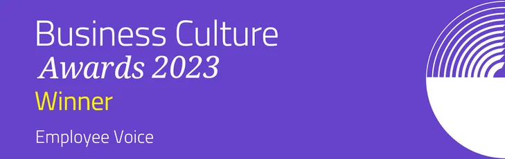 "Business Culture Awards 2023 Winner: Employee Voice category - purple banner with Scott Bader recognition" [G]