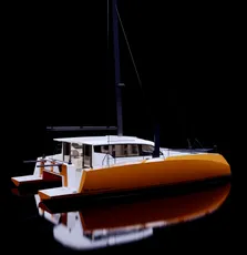 Orange and white catamaran hull built with Scott Bader gelcoats and composites for marine applications [G]