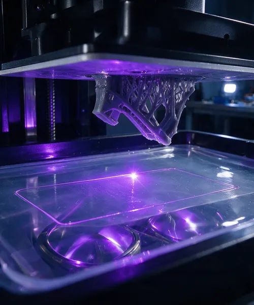 A 3D printer using a purple light to create a lattice structure within a transparent container in a workshop setting.