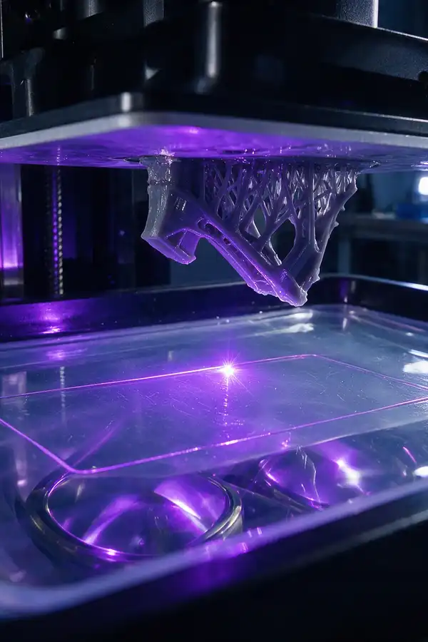 A 3D printer using a purple light to create a lattice structure within a transparent container in a workshop setting.