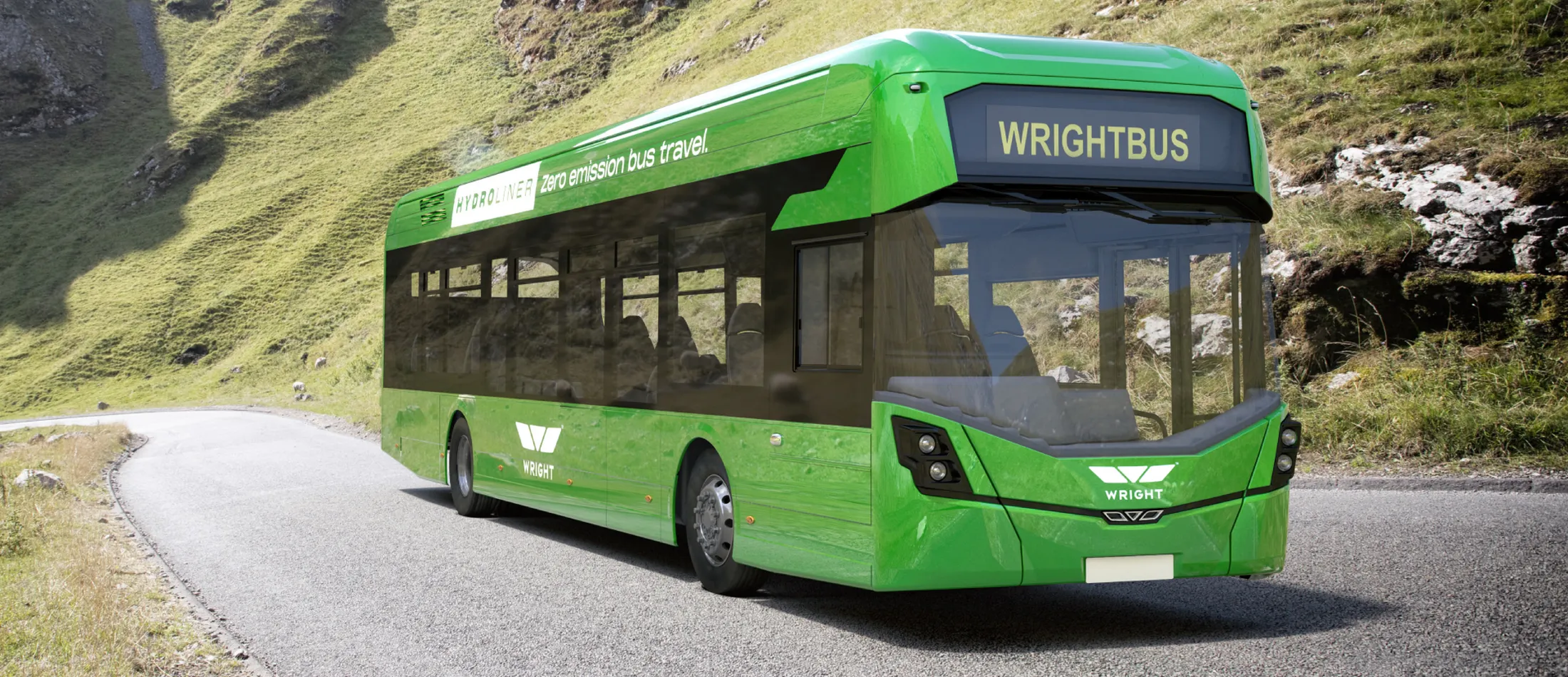 "Bright green Wrightbus public transport vehicle traveling on a mountain road, featuring Scott Bader composites for sustainable transportation" [G]