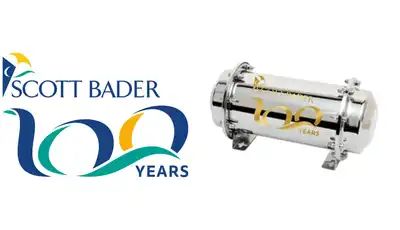 "Scott Bader 100 Years logo alongside industrial pressure vessel, showcasing structural adhesives and composites applications" [G]