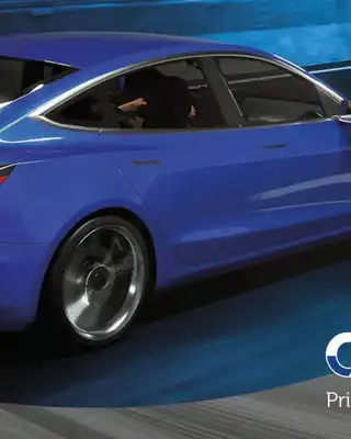 "Sleek blue car in motion with Crestabond logo - Scott Bader's primerless MMA structural adhesives for automotive applications" [G]