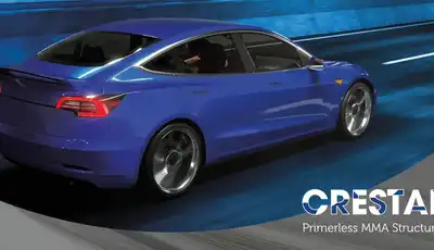 "Sleek blue car in motion with Crestabond logo - Scott Bader's primerless MMA structural adhesives for automotive applications" [G]