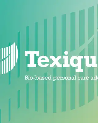 "Texique bio-based personal care additives logo on gradient teal background with abstract pattern design" [G]