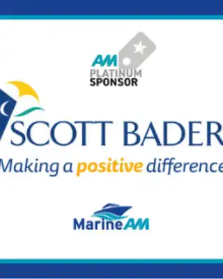 "Scott Bader logo with 'Making a positive difference' tagline, displayed as a Marine-AM sponsor on blue background" [G]