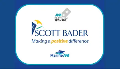 "Scott Bader logo with 'Making a positive difference' tagline, displayed as a Marine-AM sponsor on blue background" [G]
