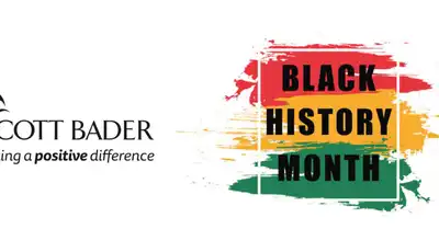 "Scott Bader logo alongside Black History Month graphic with red, yellow and green brushstroke design" [G]