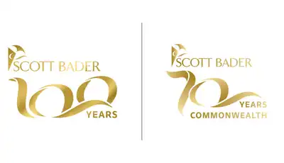 "Scott Bader 100 years anniversary logos in gold, celebrating the company's heritage in composites and adhesives manufacturing" [G]