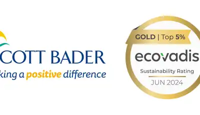"Scott Bader logo with EcoVadis Gold sustainability rating badge, highlighting the company's commitment to sustainable composites and resins." [G]
