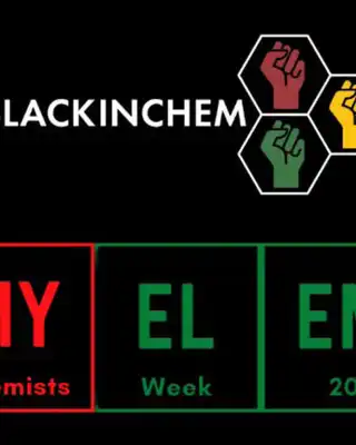 "Colorful periodic table-inspired #BLACKINCHEM logo with hexagon symbols representing diversity in chemistry" [G]