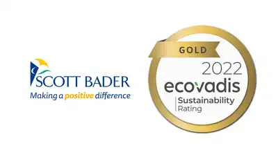 "Scott Bader logo with Gold EcoVadis 2022 Sustainability Rating award, highlighting commitment to sustainable composites and resins." [G]