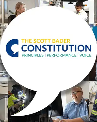 "Collage of diverse workplace scenes surrounding Scott Bader Constitution logo, representing company principles and values" [G]