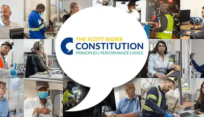 "Collage of diverse workplace scenes surrounding Scott Bader Constitution logo, representing company principles and values" [G]