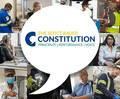 "Collage of diverse workplace scenes surrounding Scott Bader Constitution logo, representing company principles and values" [G]