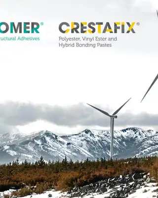"Wind turbines in snowy landscape with Scott Bader product logos: Crestabond, Crestomer and Crestanix structural adhesives" [G]