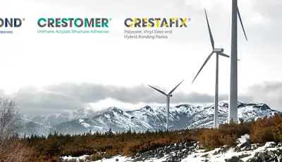 "Wind turbines in snowy landscape with Scott Bader product logos: Crestabond, Crestomer and Crestanix structural adhesives" [G]