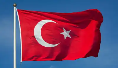 "Turkish flag with red background and white crescent moon and star waving against blue sky" [G]