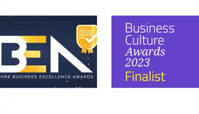 "NBEA 2023 logo and Business Culture Awards 2023 Finalist badge - Scott Bader recognition in business excellence" [G]