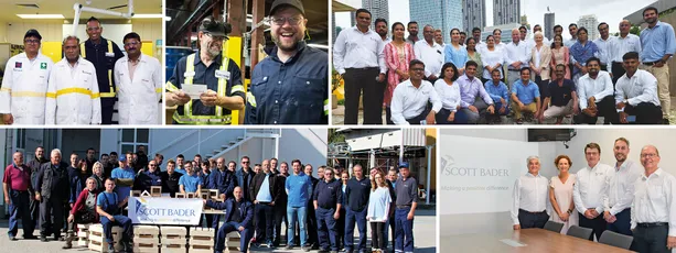 "Scott Bader team members at various global facilities showcasing the company's commitment to composites and adhesives manufacturing" [G]
