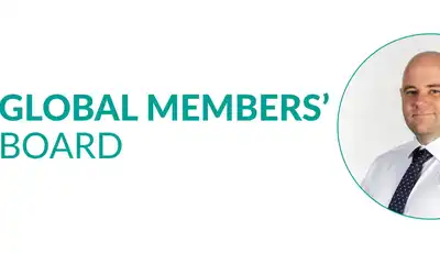 "Global Members' Board logo with professional portrait in circular frame, representing Scott Bader's corporate governance" [G]