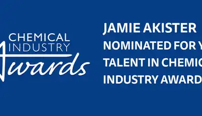 "Chemical Industry Awards logo with Jamie Akister's nomination for Young Talent in Chemical Industry Award 2023 on blue background" [G]